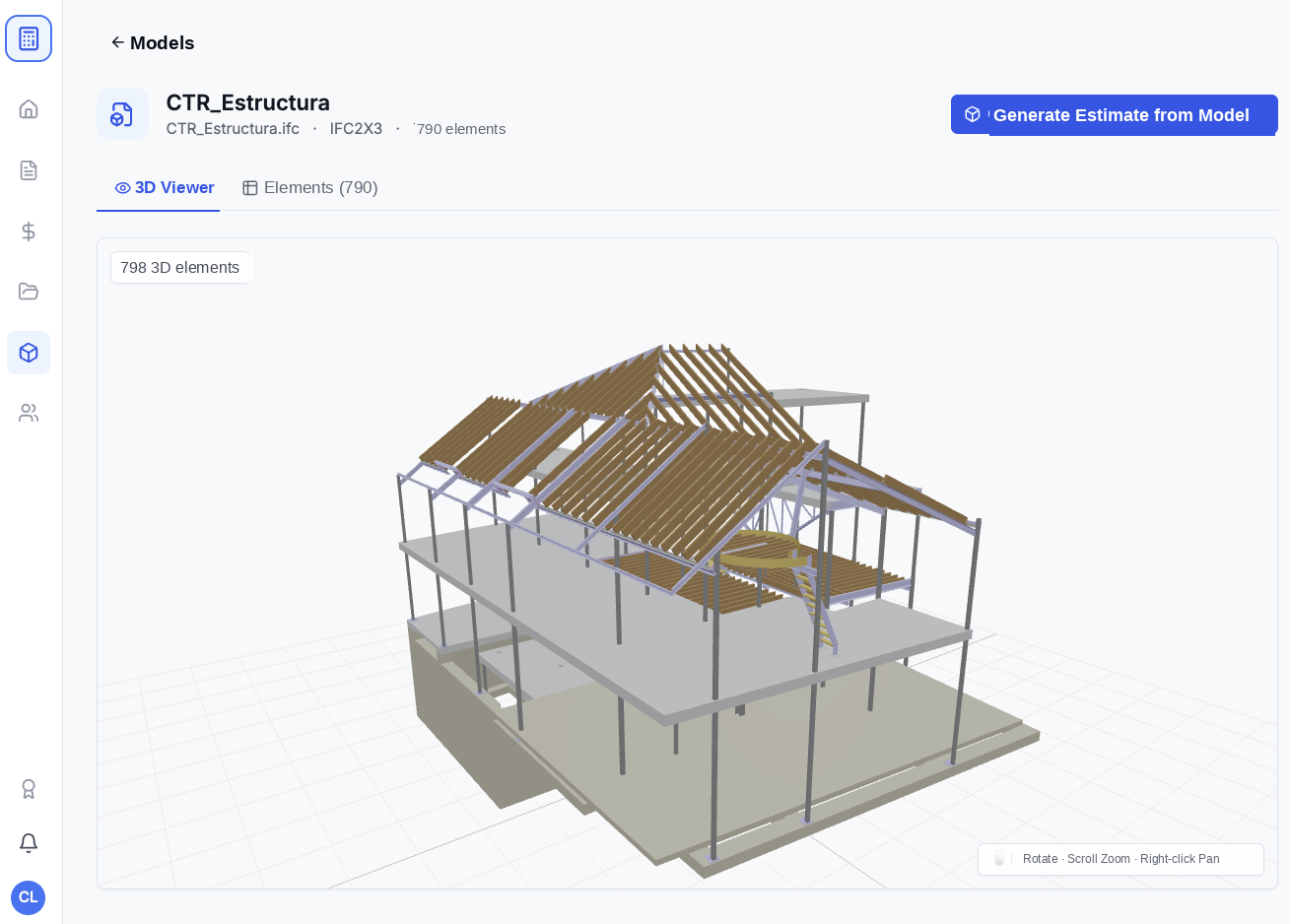 OneEstimate 3D BIM structural model viewer with 790 IFC elements