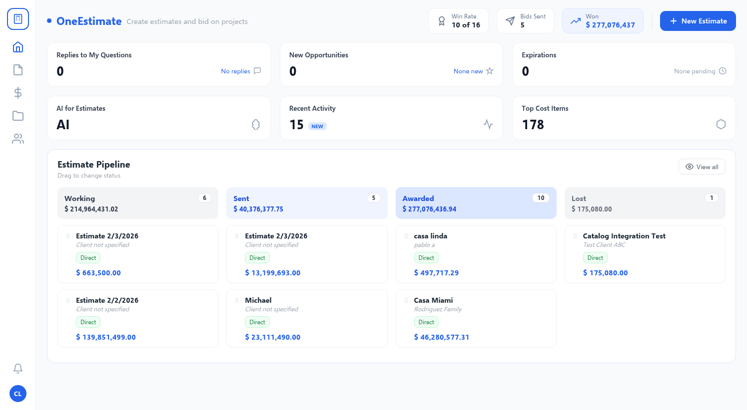 OneEstimate dashboard showing estimate pipeline