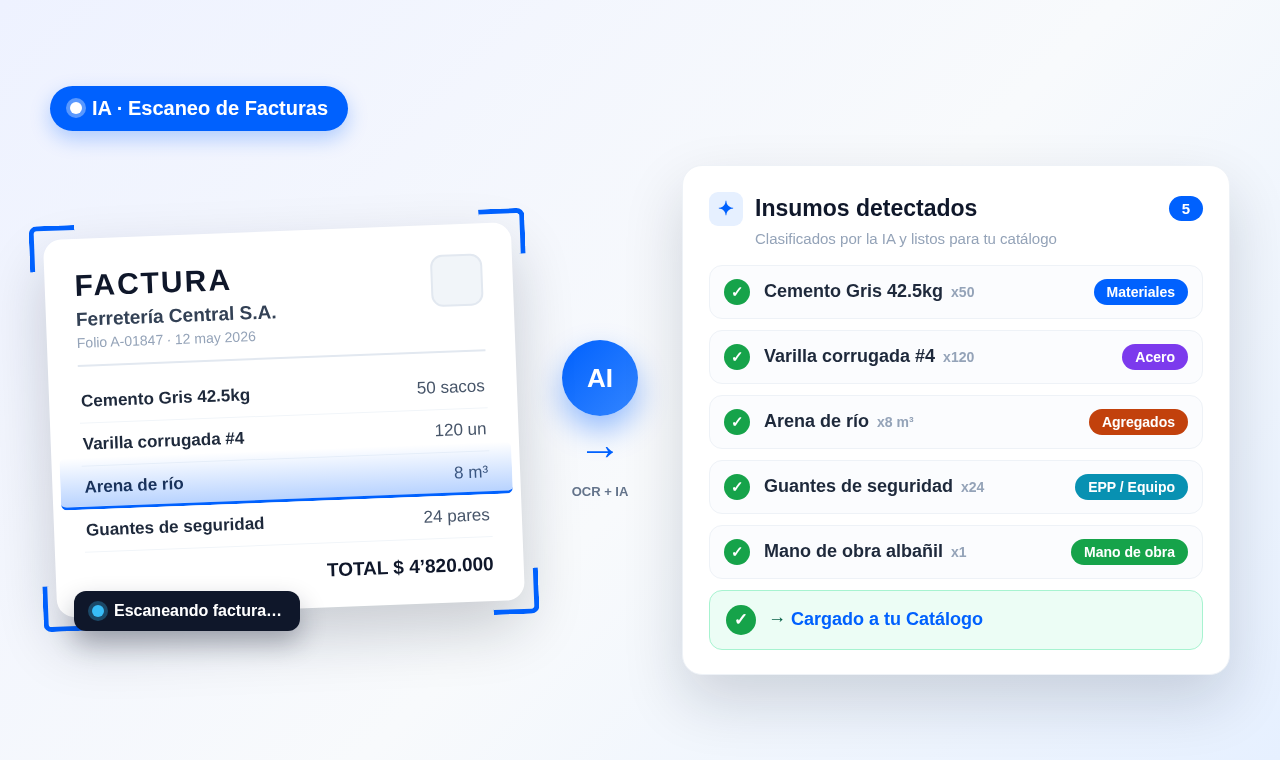 La IA de OneEstimate escanea una factura, reconoce los insumos y los carga clasificados por categoría al catálogo